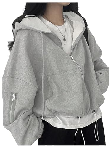 RoseSeek Women's Zip Up Drawstring Hoodie Long Sleeve Drop Shoulder Loose Sweatshirt Outerwear - Image 1