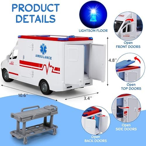 Toy Ambulance Boys Age 3-5 With 4 Different Flashing Lights & Sound, Back And Side Doors Open Friction-Powered Wheels Light Up Toy Hospital Sets Buses Birthday Gift 3 4 Year Old And Up Girl Boy Toys thumbnail 3