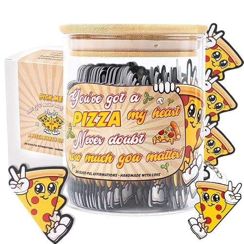 80 Positive Pizza Glass Jar & Keychain - 80 Affirmation Cards For Women, Emotional Support Pizza - Christmas Gift For Friend Women, Teen Girl Trendy Stuff, Mental Health & Stress Relief Gift - Image 1
