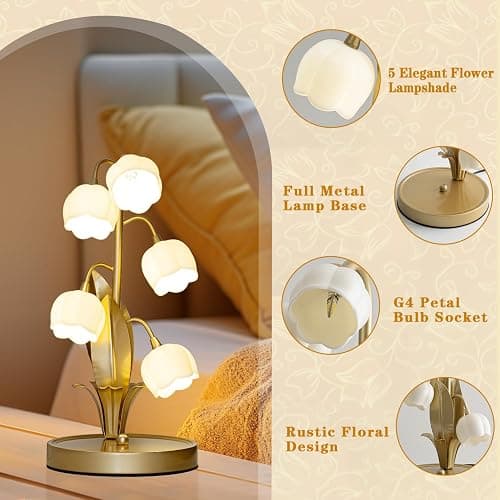 WERFOP Vintage Lily of the Valley Flower Table Lamp | 3 Color Adjustable LED Bedside Lamp, Cute Night Light for Bedroom, Living Room, Dorm Room, Office & Home Decor (Gold) thumbnail 3