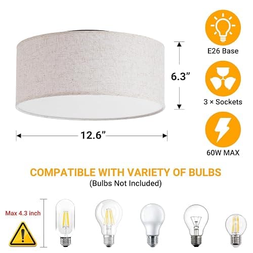 12.6" Modern Close to Ceiling Light with Linen Fabric Drum Shade,3-Light Semi Flush Mount Ceiling Light Fixture,Drum Light Fixtures Ceiling Mount for Kitchen, Bedroom, Bathroom, Living Room, Hallway thumbnail 2