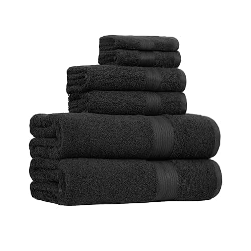 Amazon Basics 6 Piece Oversized Fade resistant Towel set, 100% Cotton towels for bathroom, soft and absorbent, 2 Bath Towels, 2 Hand Towels and 2 Washcloths bathroom towel set, Black - Image 1
