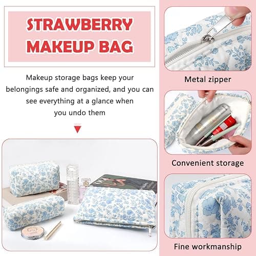Gocvo 3 Pcs Makeup Bag Cosmetic Bag Set for Girls Women Checkered Travel Organizer Bathroom Toiletry Pouch Large Capacity Storage Bag(Blue Flower) thumbnail 5