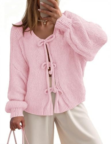UNCLECAT Womens Bow Tie Front Cardigan Sweaters Oversized Fall Open Front Cardigans Cute Loose Knit Tops - Image 1