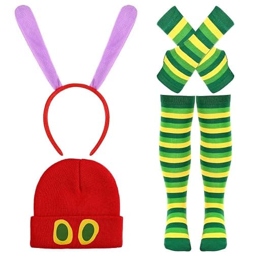 GANSHAYA 4 Pcs Halloween Caterpillar Costume Accessory Book Character Cosplay Red Knitted Beanie Hat Headband Socks Gloves for Halloween Cosplay Party - Image 1
