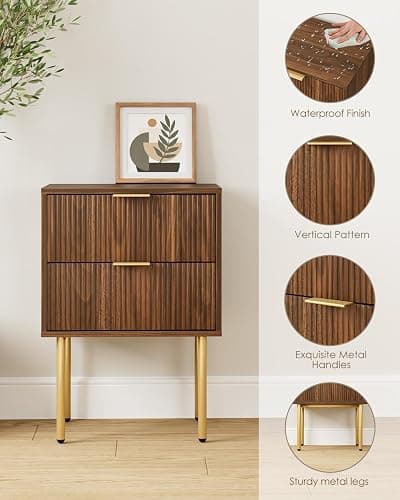 AEPOALUA Nightstand,Morden Bedside Table with Gold Frame,Small Night Stand,End Table,Bedside Furniture,Side Table with Drawer and Shelf for Bedroom,Living Room (2Drawers, Walnut Brown) thumbnail 4