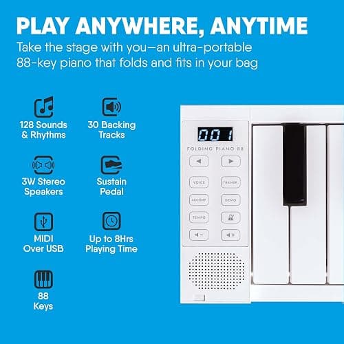 Blackstar Carry-on White 88 Keys USB MIDI Controller for Portable Folding Digital Piano with Rechargeable Battery thumbnail 3