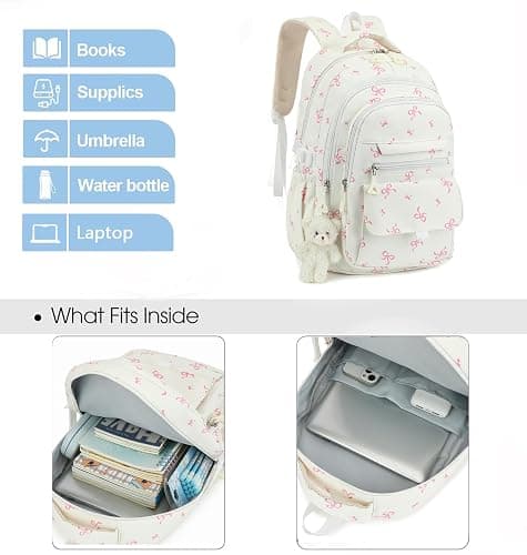 PRLINJSK Girls Backpack for College High Middle School Student, Cute Aesthetic Bookbag for Teens Women with Accessories, Beige Bow thumbnail 4