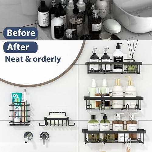 Liuoud 5 Pack Shower Caddy Organizer Rack Shelf for Inside Shower, Adhesive Bathroom Wall Storage Basket Rustproof Stainless Steel Shampoo Holder, Bathroom Accessory Decor Set, Black. thumbnail 6