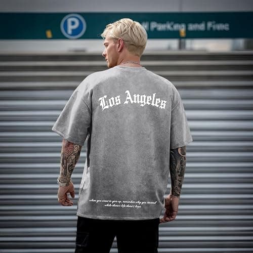 Bobeutou Oversized Graphic Tshirts for Men Los Angeles Vintage Tees Streetwear Acid Wash Baggy Cool Shirts Casual Tops thumbnail 5