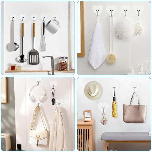 Adove Adhesive Hooks for Hanging, 24 Pack Heavy Duty Wall Hooks, Towel Coat Hooks Waterproof, Transparent Self Adhesive Sticky Hook for Kitchen Keys Glass Door,No Nail Utility Ceiling Hooks thumbnail 5