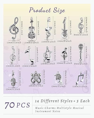 JIALEEY Music Charms Multistyle Musical Instrument Notes Symbols Pendants DIY for Necklace Bracelet Earrings Jewelry Making and Crafting Antique Silver 70PCS thumbnail 2