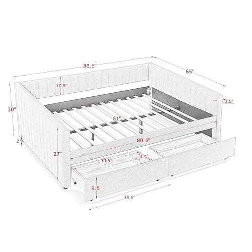KEIKI Queen Size Linen Upholstery Daybed with 2 Drawers, Modern Style Tufted Corner Sofa Bed Frame with Solid Wooden Slats, Easy Assembly, No Box Spring Required, for Living Room, Bedroom, Beige thumbnail 2