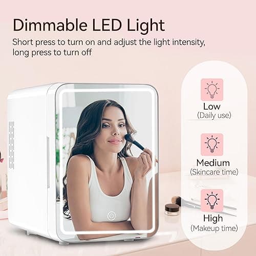 Skincare Fridge With Dimmable LED Mirror, 4L Makeup Mini Fridge for Bedroom, Cosmetics, SkinCare, Cooler & Warmer, Portable Small Refrigerator for Car, Office and Food- White - White thumbnail 3
