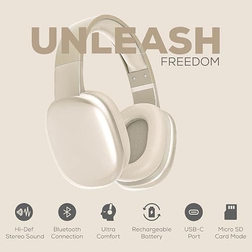 Gabba Goods Wireless Over Ear Bluetooth Headphones with Microphone - Wireless Headset -Noise Reduction - Bluetooth, Wired,Built in Micro SD for Travel, Home, Work TV,PC,Gaming,Cellphone (Beige) thumbnail 3