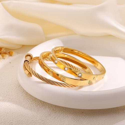 Camhanno Gold Bracelets for Women - Stackable Bangles with Love & Friendship Theme - Stainless Steel Jewelry Gift for Her thumbnail 8