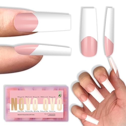 NOVO OVO Old School Wide White French Tip Nail Tips Press on, Long Tapered Square BABY PINK, Extra Thick Soft Gel Fake Acrylic Extension, Need Builder Gel Top Coat & Glue, 15 Sizes 240 pcs thumbnail 2