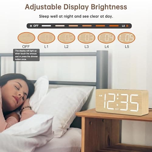 DreamSky Wooden Digital Alarm Clock for Bedroom - Desk Clocks for Living Room with Large Numbers, Dimmer, Loud Alarm for Heavy Sleepers with Volume Control, DST, Office Wood Decor (Plug in Clock) thumbnail 5