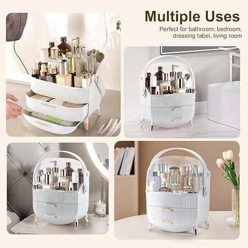 Makeup Organizer for Vanity, Make up Organizers and Storage, Cosmetics Skincare Organizers with Lid and Drawers, Cosmetic Display Cases for Countertop, Bathroom, Dresser, Ideal Gifts for Women(White) thumbnail 5