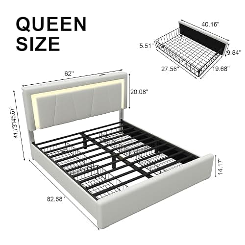 Queen Size Bed Frame with 4 Storage Drawers and LED Lights, Upholstered Platform Bed with Adjustable Headboard and Charging Station, Metal Slats Support, No Box Spring Needed,Easy Assembly, White thumbnail 2