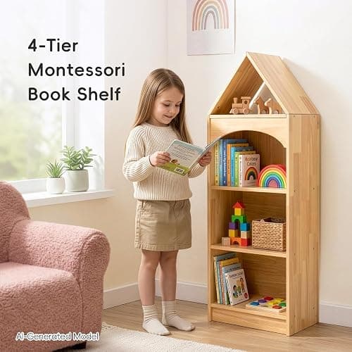 OOOK Rubberwood Montessori Shelf, 4-Tier Toy Organizers and Storage, Wood Corner Cabinet for Kids Room, Playroom, Nursery, Classroom, Kindergarten thumbnail 9