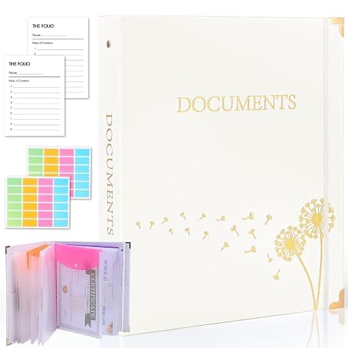 XKDOUS Important Document Organizer 3 Ring Linen Binders Folio File Folders | Beige Expanding Storage Holder with Gold-foiled Hardcover, 9 Pockets & Labels for A4, Letter Size Papers, Home & Office - Image 1