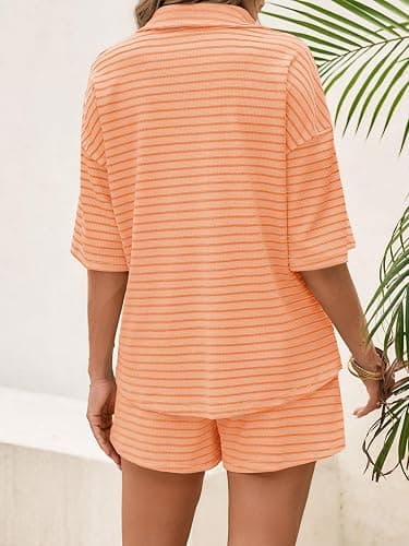 Tankaneo Womens Striped 2 Piece Sets Short Sleeve Button Down Shirt and Shorts Waffle Knit Pajama Lounge Set Summer Outfits thumbnail 3