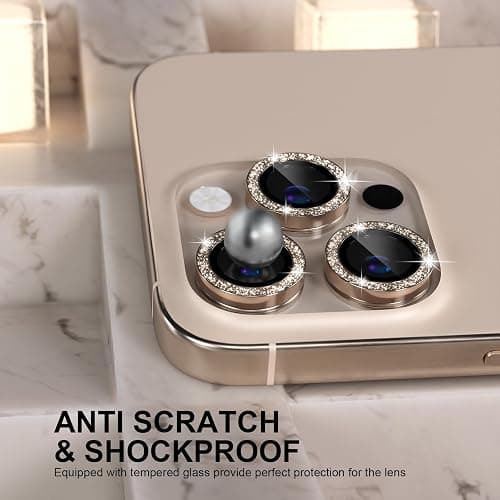 Choiche Compatible for iPhone 16 Pro/iPhone 16 Pro Max Camera Lens Protector Bling, 9H Tempered Glass Camera Cover Screen Protector Metal Ring Decoration Accessories(Glitter-Titanium Desert) thumbnail 3