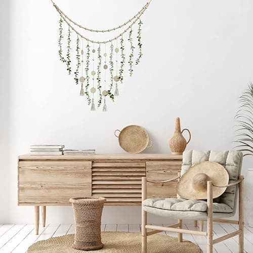 Hanging Eucalyptus Boho Wall Decor Large Boho Bedroom Wall Hanging Wooden Bead Garland Artificial Eucalyptus Natural Greenery Decoration, 36 x 36 Inch (Simple Color, Wood Chip Style) thumbnail 4