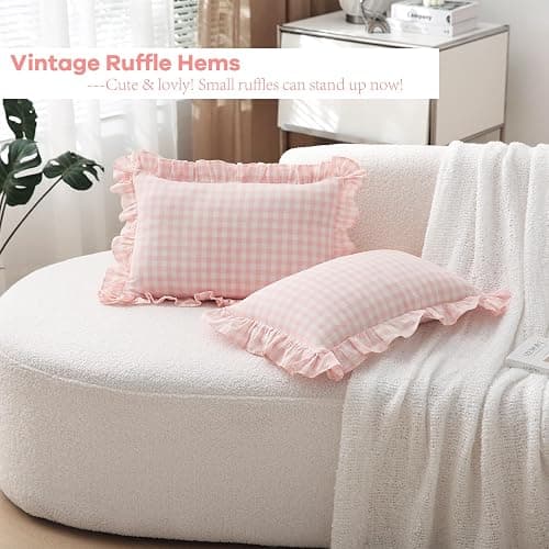 K MASANIJI 2 Pack Blush White Plaid Ruffle Gingham Lumbar Throw Pillow Covers, 100% Washed Cotton Checkered Girls Lovely Farmhouse Decorative Throw Pillow Shams for Bed/Sofa Zipper Closure- 20''x12'' thumbnail 3