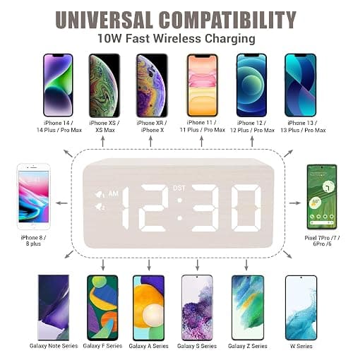 URAYCO Wooden Digital Alarm Clock, 10W Fast Wireless Charger Station & 2 USB Charging Ports, with 0~99% Dimmer, Dual Alarm, Weekday/Weekend Mode, Wood LED Clock for Bedroom, Desk, Office thumbnail 5