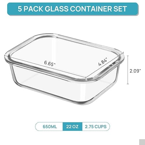 Vtopmart 5Pack 22oz Glass Storage Containers with Lids, Glass Meal Prep Food Container Sets with Snap Airtight Lids for Microwave, Oven, Freezer and Dishwasher thumbnail 3