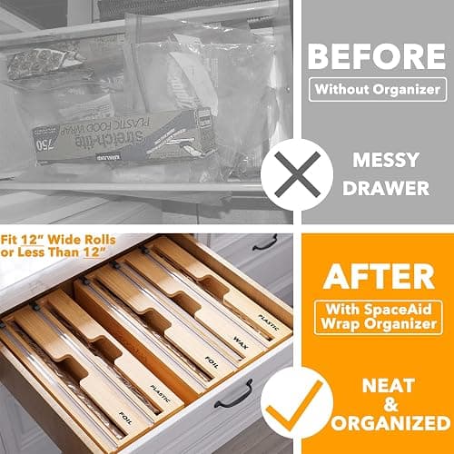 SpaceAid WrapNeat 3 in 1 Wrap Organizer with Cutter and Labels, Plastic Wrap, Aluminum Foil and Wax Bamboo Dispenser for Kitchen Storage Organization Holder for 12" Roll (Natural) thumbnail 3