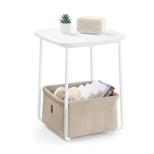 VASAGLE LILEA Collection - Side End Table with Fabric Basket, Modern Nightstand, Square Bedside Table, for Living Room, Bedroom, Matte White and Camel Brown ULET229W10 - Image 1