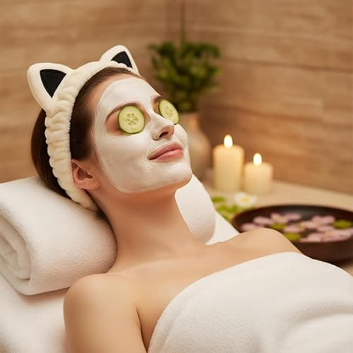 Cat Ears Headband, Cute Spa Headband and Wristband Set Washing Face Skincare Makeup Headbands for Women Girls Trendy Stuff Present Soft Coral Fleece Hair Accessories(1Beige+2Khaki) thumbnail 5