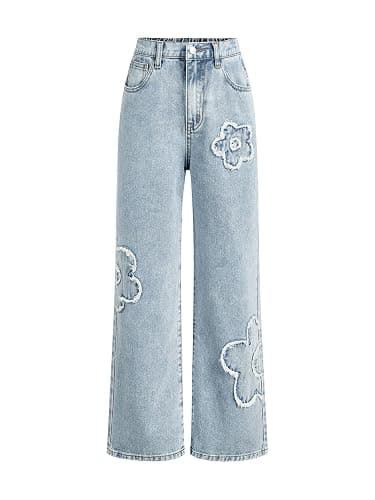 WDIRARA Girl's Bowknot Print Washed Jean Elastic Waist Denim Pants Straight Leg Trousers with Pockets - Image 1