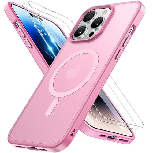 Miracase Magnetic for iPhone 14 Pro Case 6.1 inch (Compatible with MagSafe)(with 2X Screen Protectors) Military-Grade Protection, Anti-Fingerprint Translucent Matte Phone Case Cover, Mes Pink - Image 1
