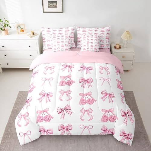 Feelyou Pink Bow Kids Comforter Set with Sheets,Boys Girls Twin Size,Disco Light Ball Print 7 Piece Bedding Set,Cute Coquette Bow Knot Bed in a Bag,Butterfly Knot Princess All Season Bowknot - Image 1