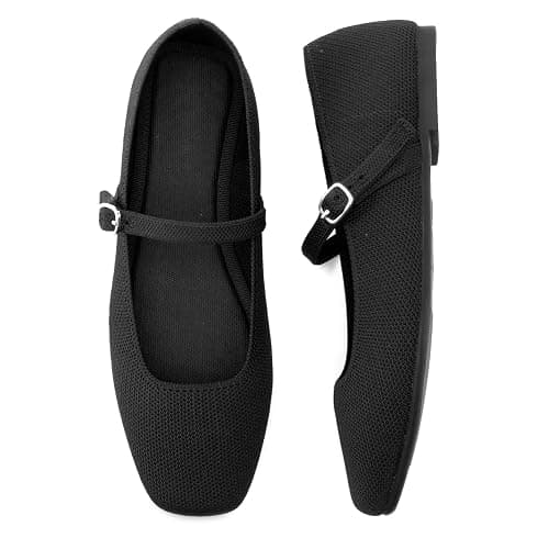 Soesyi Knit Flats for Women Square Toe Flats Casual Ballet Flats with Ankle Strap,Mary Jane Shoes Women Comfortable for Dressy Office - Image 1