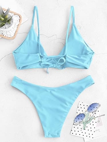 ZAFUL Women's Tie Back Padded High Cut Bralette Bikini Set Two Piece Swimsuit thumbnail 4