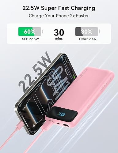 Portable Charger, 10000mAh 22.5W Fast Charging Power Bank with 4 Built-in Cables, Travel Essentials Battery Pack with LED Display, 6 Outputs Charging Bank Compatible with iPhone, iPad, Samsung Pink thumbnail 3