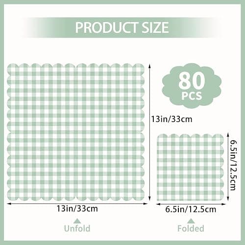 80 Pcs Sage Green Gingham Paper Napkins 6.5 Inch Green and White Paper Napkins Disposable Scalloped Napkin for Baby & Bridal Shower, Wedding, Birthday, Picnic, Easter Party thumbnail 2