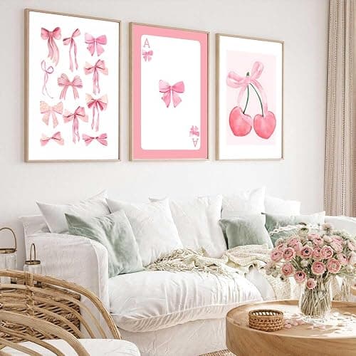 3Pcs Trendy Pink Bows Wall Art Preppy Watercolor Bows Canvas Posters Prints Girly Aesthetic Wall Decor Pictures for College Apartment Bedroom Decoration, Unframed 12x16in thumbnail 4