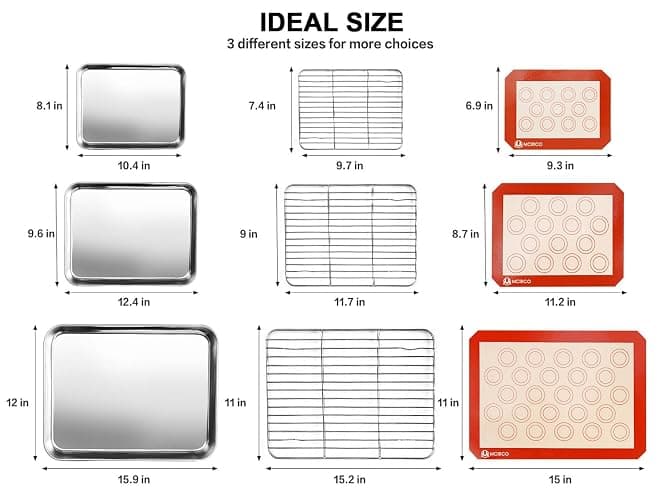 Stainless Steel Baking Sheet Tray Cooling Rack with Silicone Baking Mat Set, Cookie Pan with Cooling Rack, Set of 9 (3 Sheets + 3 Racks + 3 Mats), 10/12/16 Inch, Easy Clean thumbnail 2