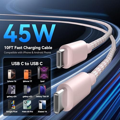 Phone 17 16 Pro Max Charger Fast Charging, 45W Super Fast USB C Charger Block with 10FT Nylon Braided Charging Cable for 17 16 Pro Max/17 16 Pro/16 Plus,15 Pro Max/15 Pro/15/Air, Android Phone-Pink thumbnail 5