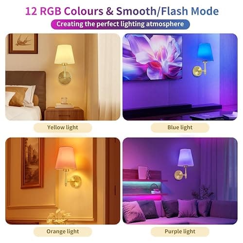 Battery Operated Wall Sconce Set of 2, Rechargeable Wireless Wall Lights | with fabric Lampshade, 5200mAh Dimmable Bulb with Remote,15 Colors Wireless Wall Lamps for Bedroom Living Room Hallway Decor thumbnail 7