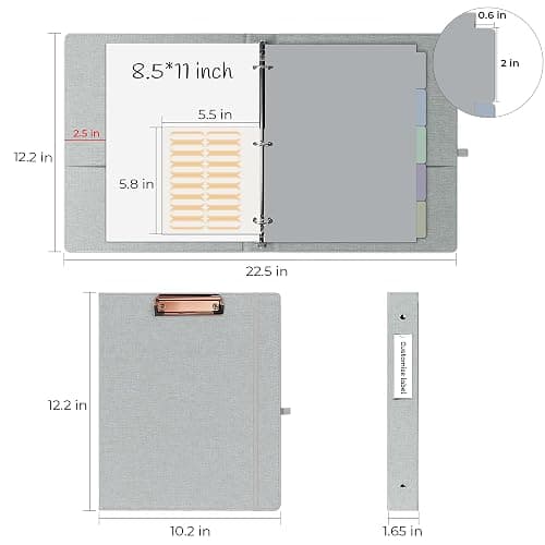 EYROZILL 3 Ring Binder, 1 Inch Linen Binder Organizer for Letter Size (8.5" x 11") with 5 Tab Dividers, File Folder Labels and Low Profile Clipboards, School and Office Supplies-Light Grey thumbnail 3