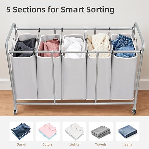 STORAGE MANIAC 5 Section Laundry Sorter, 5 Bins Rolling Separator Laundry Basket, Dirty Clothes Hamper Divider with Heavy Duty Lockable Wheels, Large Clothes Organizer Cart, Gray thumbnail 6
