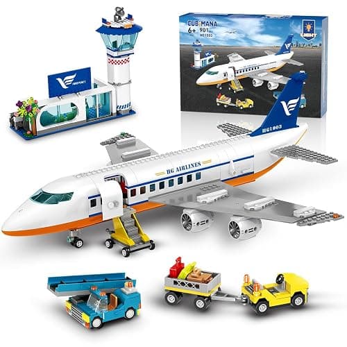CUBIMANA Large City Passenger Airplane Building Toys with LED Light, 21 Inches Plane Building Sets with 2PCS Luggage Trucks, Terminal, Radar Tower, Birthday Gifts for Kids Boys Girls Age 6-12 (901pcs) - Image 1