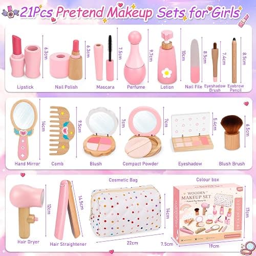 Kids Wooden Makeup Sets Toys for Girls, 3 4 5 6 Year Old Birthday Presents | Wooden Make Up Kit Toys for Kids, Gifts for 3-4-5 Year old Girls - 21Pc Pretend Fake Beauty Role Play with Cosmetic Bag thumbnail 7